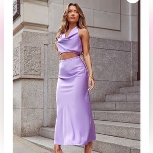 Lilac Satin Cowl Halterneck Top & Skirt Two Piece Set